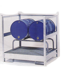 Steal station with drum-dispensing rack and spill control grid